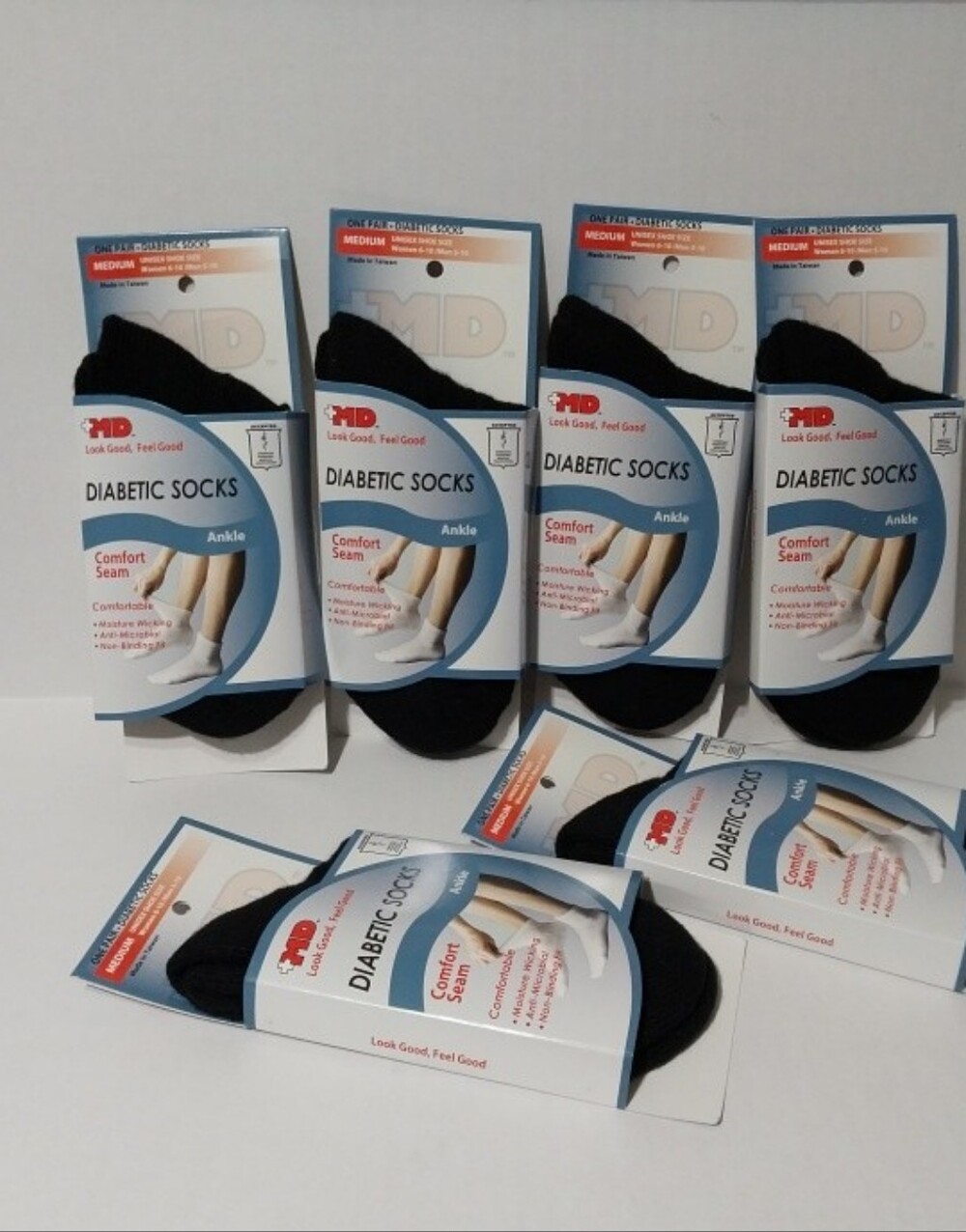 Lot Of 6 +MD Diabetic Black Ankle Socks Unisex Medium Shoe Size 6-10
